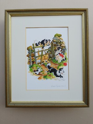 Linda Birkinshaw signierter Druck - Collie Hunde springen über Hoftor GERAHMT