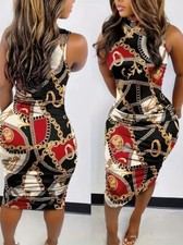 Women's Elegant Sleeveless Bodycon Dress with Chain Print Pattern