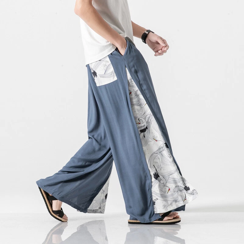 Men s Cotton Linen Wide Leg Slit Pants Ethnic Buddhist Drape