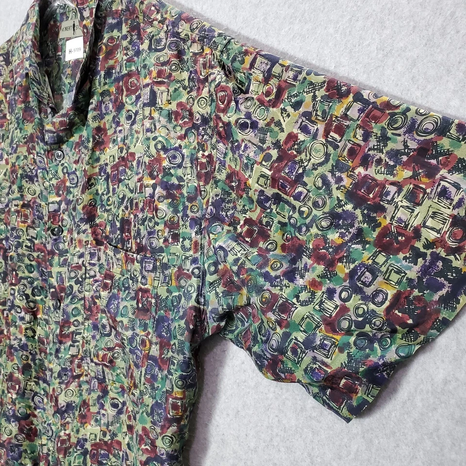 Camisa masculina Robert Stock com botões XL verde geométrica 100% seda manga curta LEIA - Imagem 4 de 4