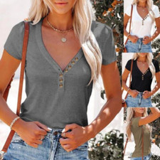 Womens V Neck Plain Tops T-shirt Summer Short Sleeve Buttons Casual Blouse Tee