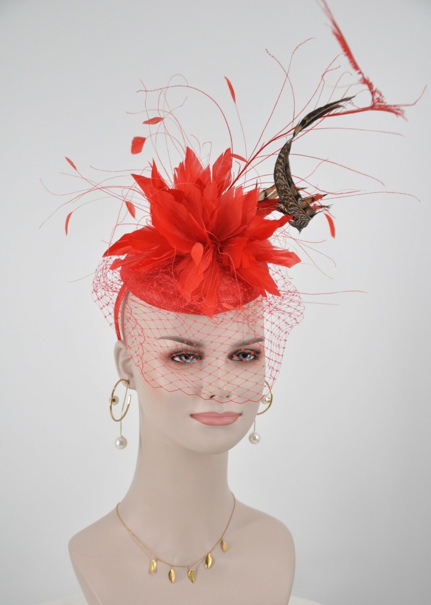 Red Sinamay Disc Fascinator Hat with Red Jumbo Feather  display picture 2
