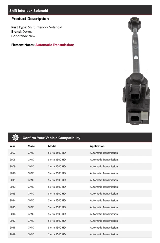 Solenoide de bloqueo de cambio Dorman para GMC Sierra 3500 HD 2007-2019 2008 2009 2010 Foto 2 de 4