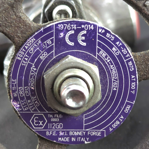 Bonney Forge 3/4" Gate Valve: Socket Weld, WL-11-LE, A105N, 800 Class, 1975 PSI - Picture 3 of 8
