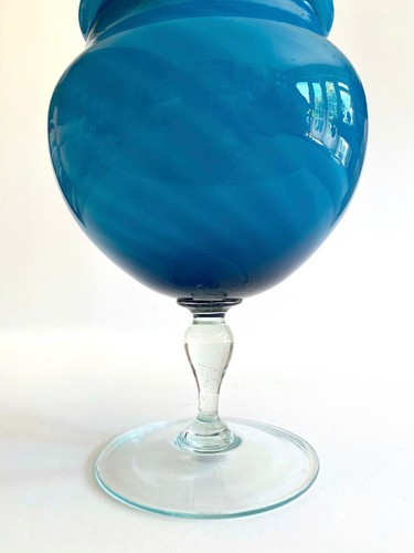 MID CENTURY MODERN EMPOLI ITALY CERULEAN BLUE OMBRE ART GLASS CANDY BOWL JAR - Picture 5 of 12