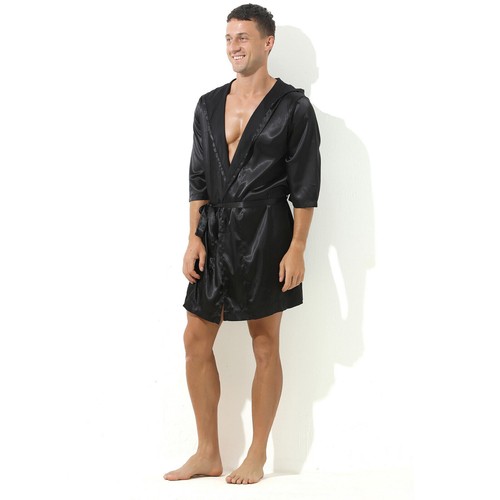 Men Satin Silk Robe Short Sleeve Hooded Kimono Luxury Bathrobe Lounge Sleepwear - Picture 27 of 34