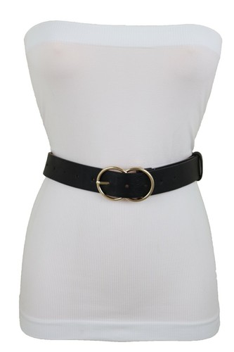 Women Black Faux Leather Band Elegant Style Belt Hip Waist Gold Metal Buckle S M - 第 5/12 張圖片