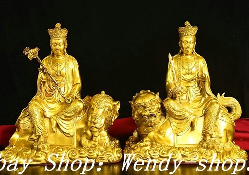 Old Copper Brass Gilt Wenshu Puxian GuanYin Elephant Lion Buddha Statue Pair