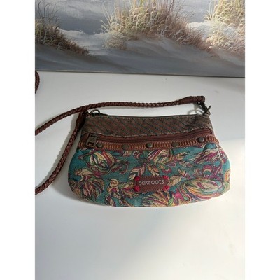 Sakroots Canvas Crossbody Bag Teal Floral Bird Print Braided Strap Boho Small