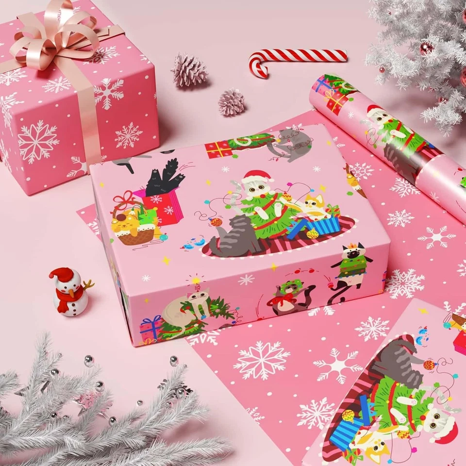 Rollo de papel de envolver Navidad gato rosa WERNNSAI - 1 rollo 17”x 33 pies reversible Foto 3 de 4