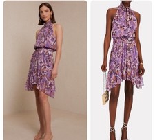 A.L.C. Cody Silk High Neck Ruffle Asymmetrical Dress Paisley Purple-Multi Size 2