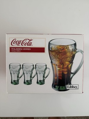 2009 New In Box Coca-Cola 14.5oz Green Glass Set of 4 With Handles (Libby Glass)