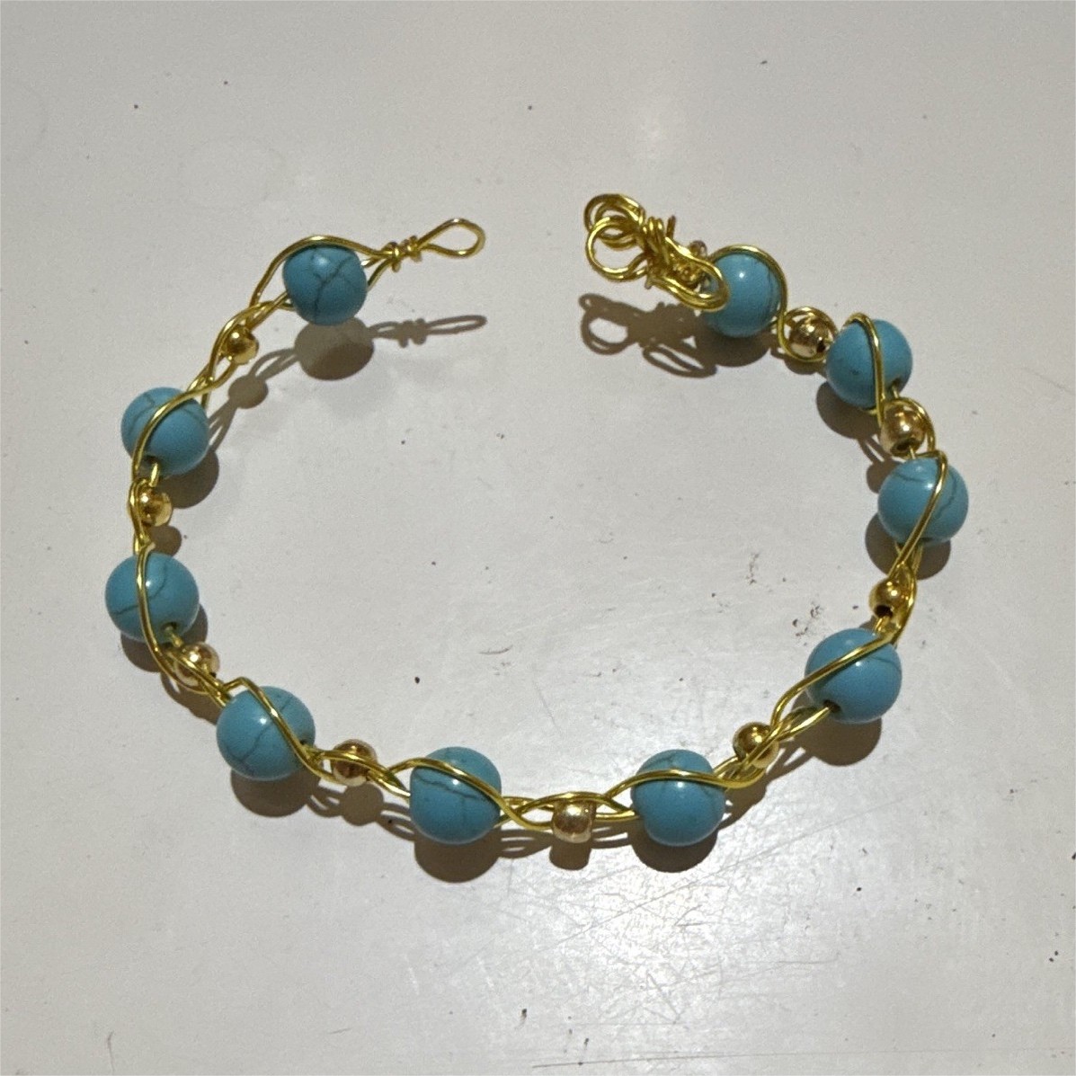 Turquoise Blue Bead Bracelet gold wire and beads, Hook Clasp, handmade