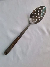 Vintage Robinson Knife Co Stainless 12" Slotted Serving Spoon Wood Handle