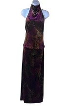 Vintage Cache Velvet Halter Top Maxi Skirt Set Purple Brown Palm Print Y2K READ