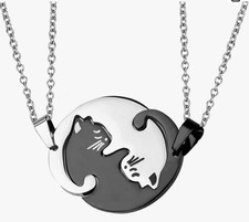 2 Piece Black  Silver Cat Matching Necklace Couple Cute Pendant Love BFF, Gift