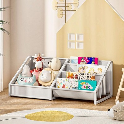 Kids Bookshelf with Toy Storage & 4-Tier Oxford Fabric Book Rack Organizer, T...