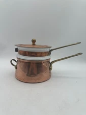 Vintage Copper Double Boiler Saucepan Set Enameled Insert Brass Handles Portugal