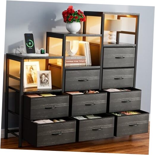 9-Drawer LED Dresser with Fabric Drawers in Dark Gray
