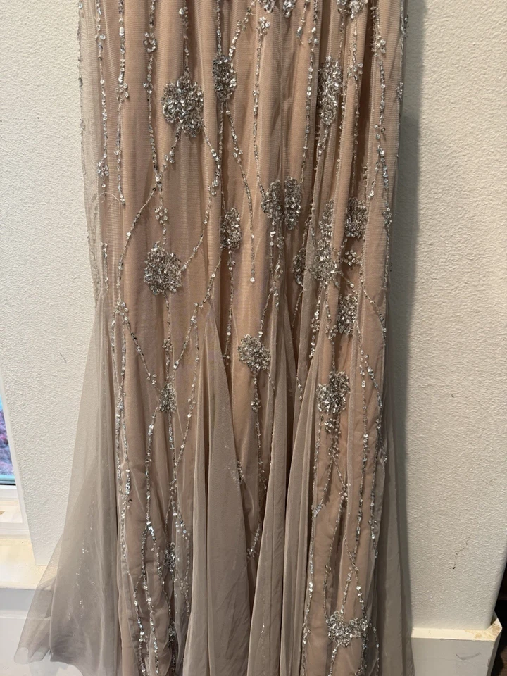 Vestido de Noche Adrianna Papell Cuentas Un Hombro Desnudo Plateado Talla 10 Foto 3 de 4