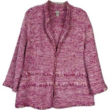 Chicos Tweed Cardigan Jacket Pink Fringe Women 2 L/12 Casual Office