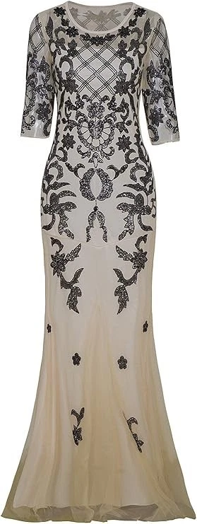 Vestido de formatura VIJIV vintage década de 1920 manga 2/3 lantejoulas longo casamento, bege preto, P - Imagem 2 de 4