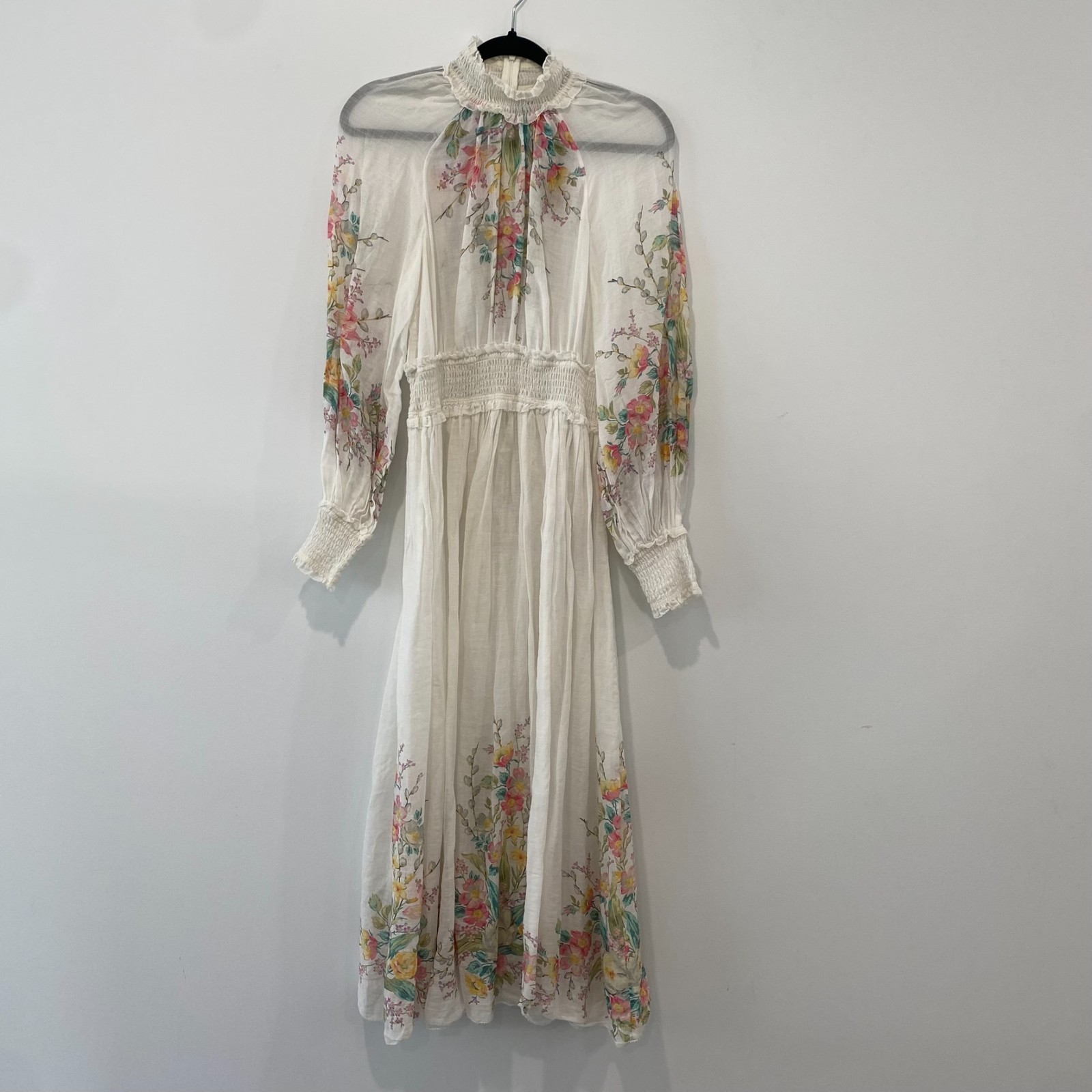Zimmermann Zinnia Shirred Floral Dress Size 1  AU 10 US 6 - White Ramie Midi