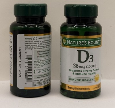 Nature s Bounty Vitamin D3 1000IU 120 Softgels 2 Pack Bone & Immune Exp 05/2028