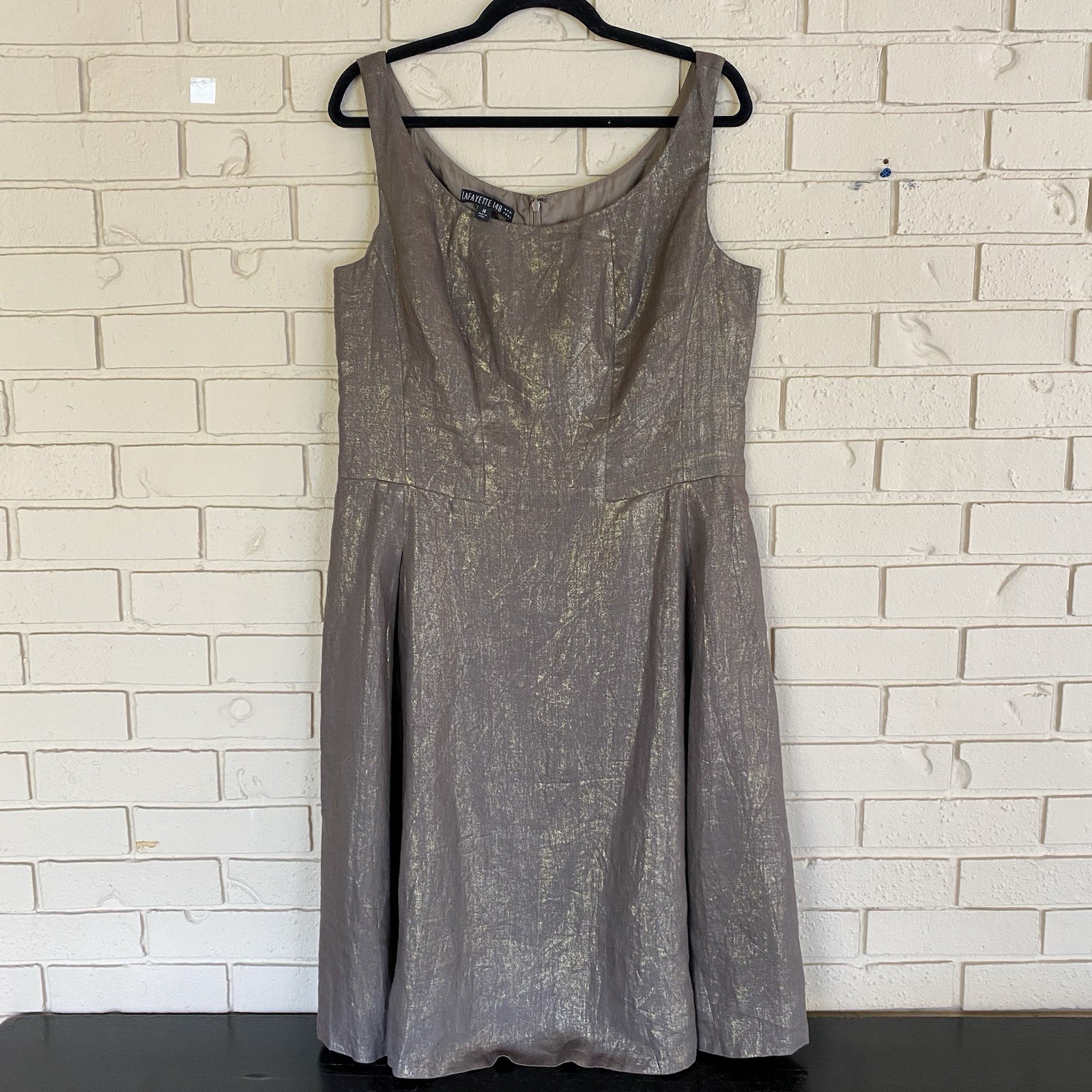 Lafayette 148 Womens Linen Sleeveless Metallic Gold Shift Dress Size 14 Cocktail