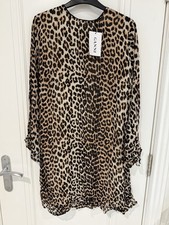 Ganni Leopard Georgette Straight Cut Ruffle Hem And Sleeve Mini Dress