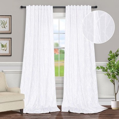 White Unique Curtains 90 Inch Length for Living Room 2 Panel Back Tab Pocket ...