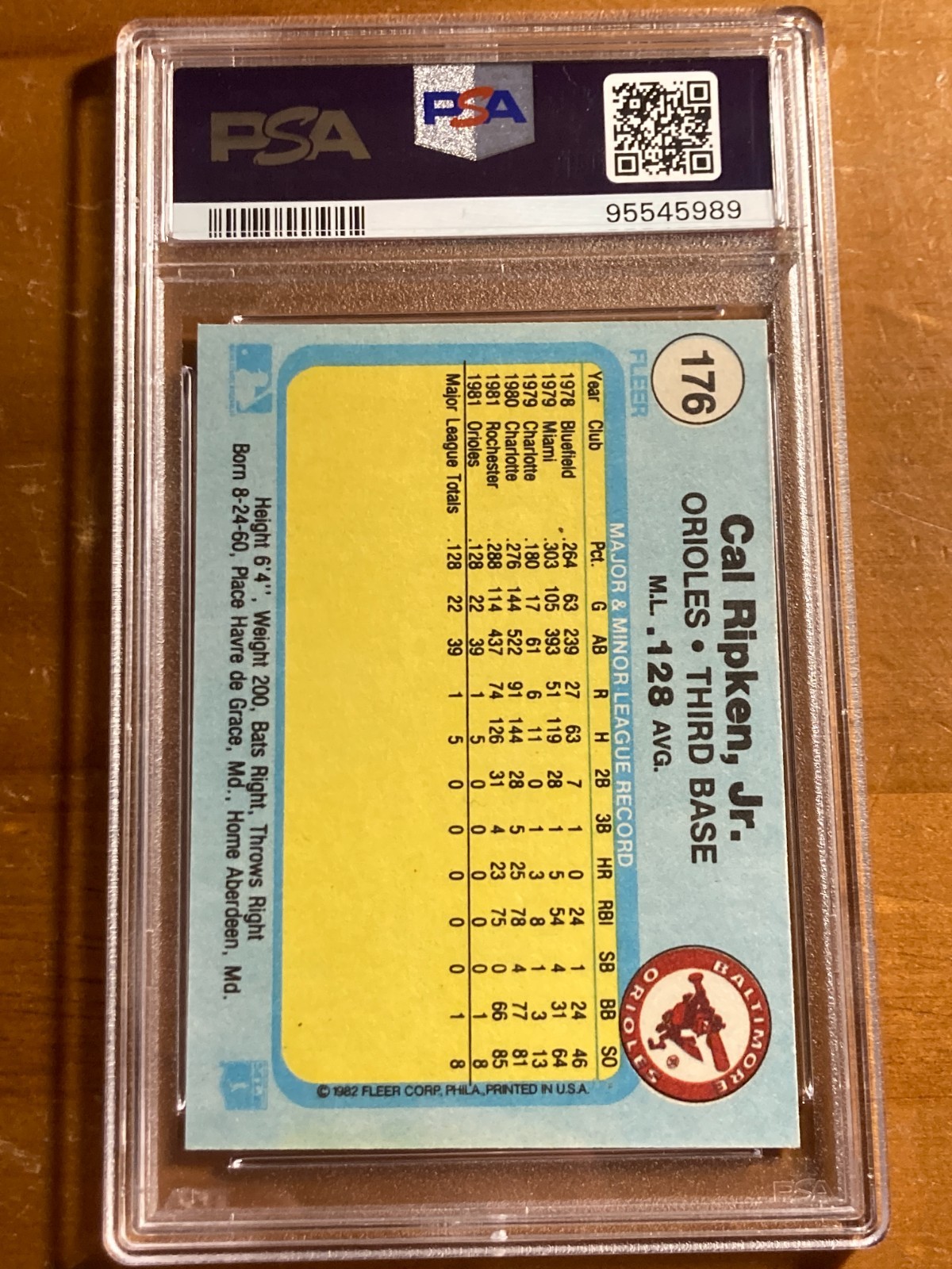 1982 Fleer Cal Ripken Jr RC Rookie #176 Orioles PSA 6 EX-MT view 2