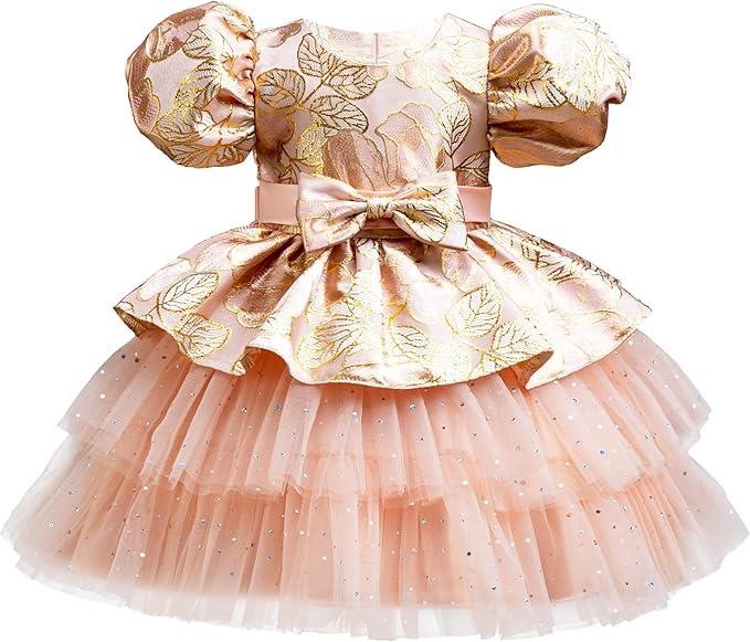 NEW NookNak Girls Size 5-6 (130) "PINK GOLD JACQUARD" Floral Bow Mesh Dress NWOT