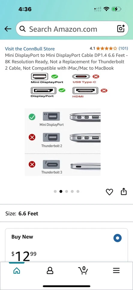 6FT Mini DisplayPort DP 1.2 Male to Male Cable 4K 3D 1080p iMac MacBook Pro Air - Image 2 of 3