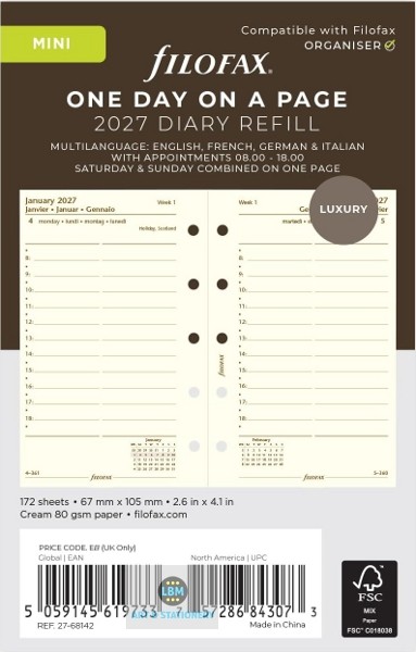 Filofax 2027 Mini Diary - One Day On A Page - Luxury Cream Refill - 68142