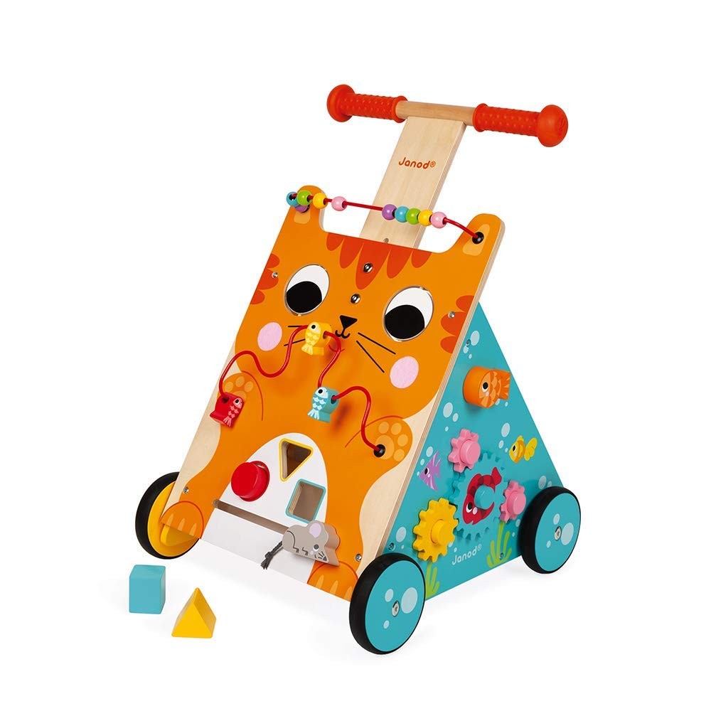 Chariot multi-activités en bois avec frein sécurisé pour apprentissage de la marche