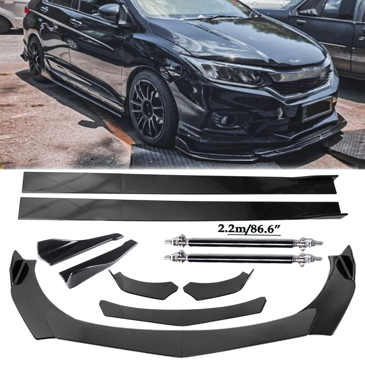 For Honda City 2010-22 Front Bumper Lip Splitter Spoiler Rear Lip Strut Rod