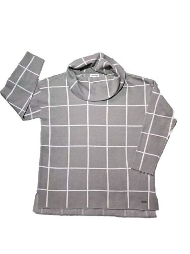 Calvin Klein Women's LS Cowl Neck Sweater Size M Gray White Windowpane EUC