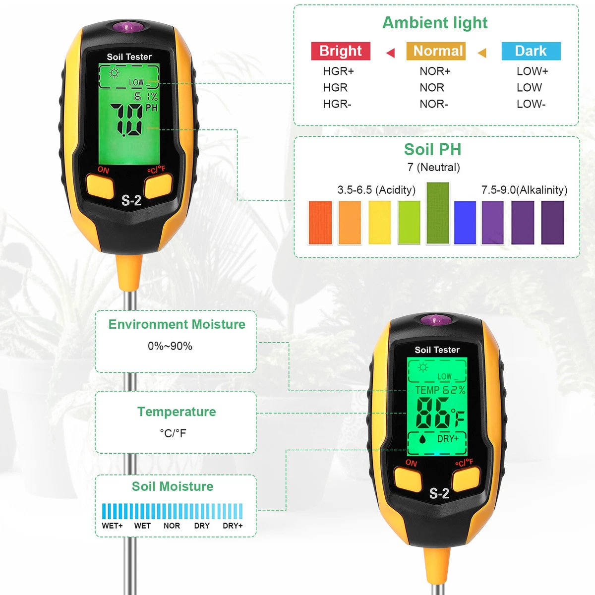 4-in-1 Soil Moisture Meter, Digital Plant Temperature, Soil Moisture, PH  Meter, Sunlight Intensity, Moisture Meter for House Plants, Soil Test Meter