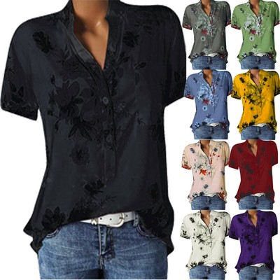 Women Printing Pocket Plus Size Blouse V-Neck Short Sleeve Blouse Easy Top Shirt