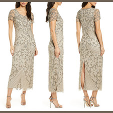 NEW Pisarro Nights Beaded Illusion Mesh Gown in Silver SZ 6  G699