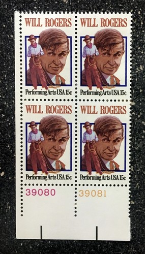 1979USA #1801 15c Will Rogers Performing Arts - Plate Block of 4 Mint NH - Picture 2 of 4