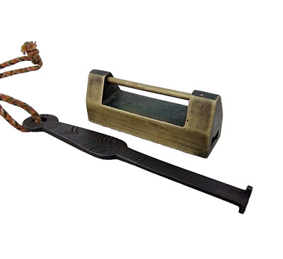 Original 1850s Old Vintage Antique Brass Hand Made Long Key Pad Lock Collectible
