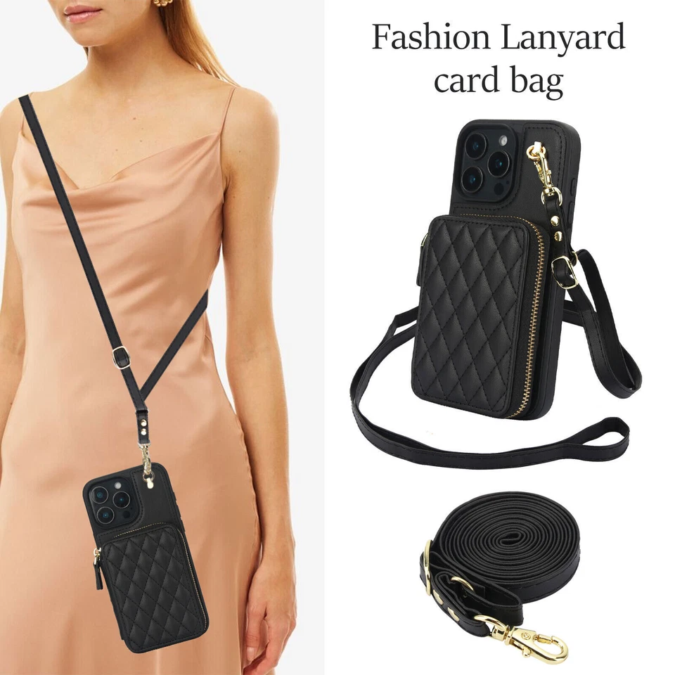 Luxury Zipper Grid Leather Card Wallet Cover Case For 16 15 14 13 12 11 XR 7 8 - Image 4 of 4