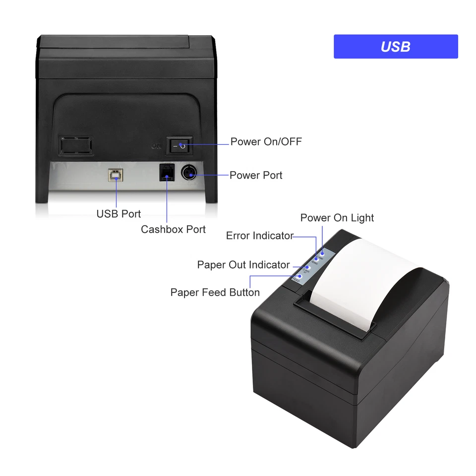 POS Printer 80mm USB Thermal Receipt Printer w/ Auto Cutter Support Cash Drawer - image 3 of 4