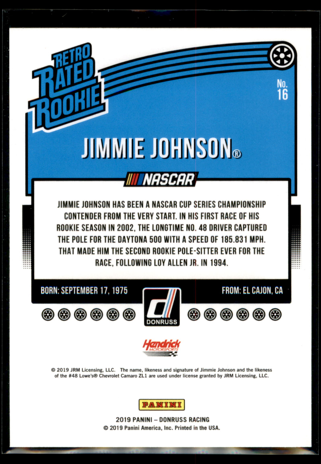 Jimmy Johnson Rookie Card 2019 Donruss Racing NASCAR Retro Rated Rookie SILVER Parallel #16 ...