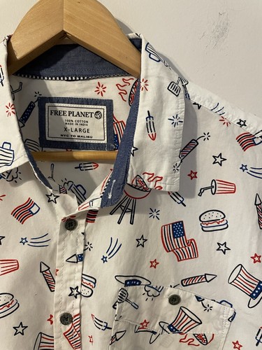 Free Planet Novelty Sport Shirt Mens Sz XL Red/White/Blue 4th of July BBQ Beer