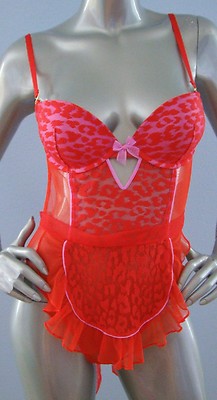 Victoria's Secret Red Lace Padded Push Up Apron Thong V-String Teddy 34C
