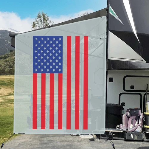 RV Awning Side Shade Screen 9' x 7' American Flag Gray Mesh UV Blocker