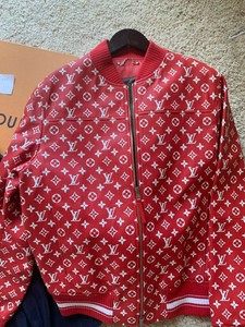 supreme x louis vuitton leather baseball jacket red